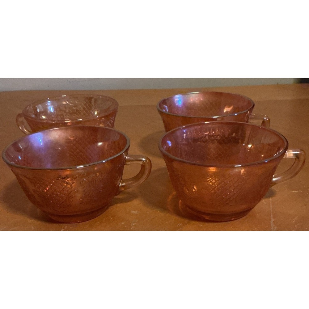 Federal Glass NORMANDIE Bouquet and Lattice Marigold Carnival Tea Cup Set Of 4